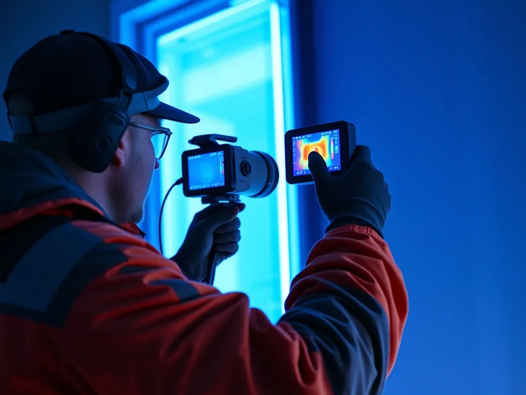 Professional engineer using thermal camera on building facad