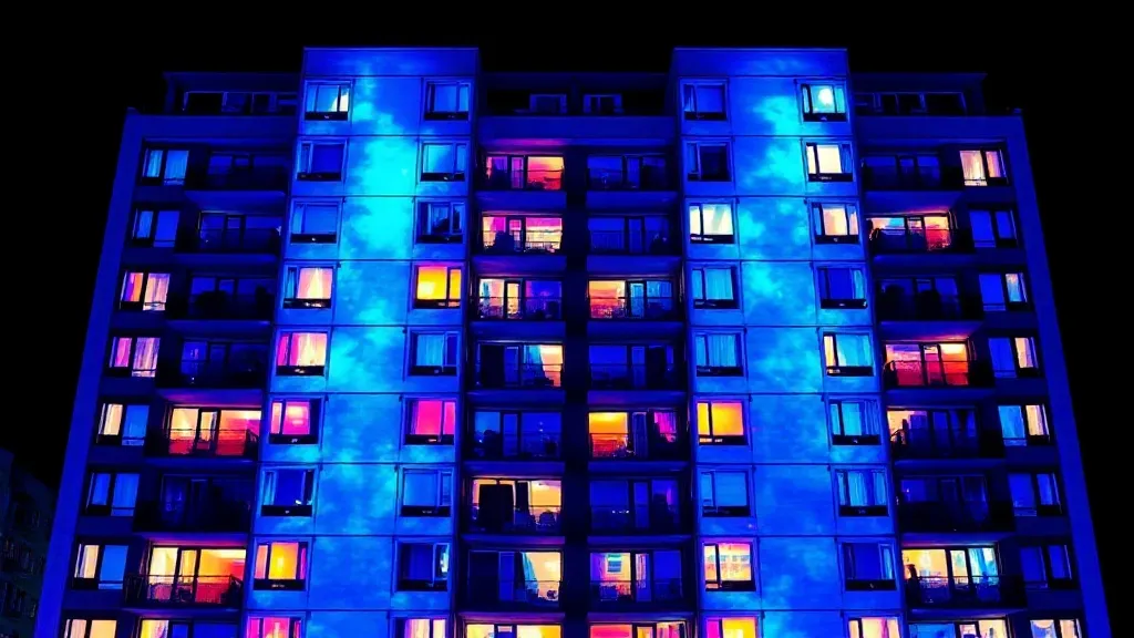 A high-tech thermal imaging view of a modern apartment build