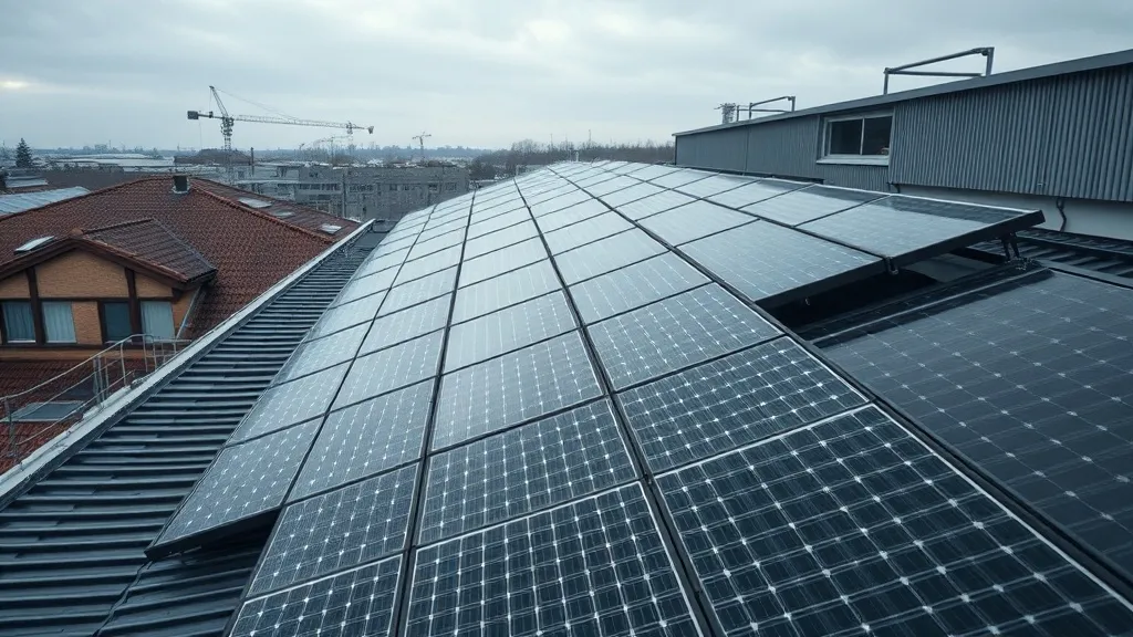Industrial solar panels on a modern building roof, professio