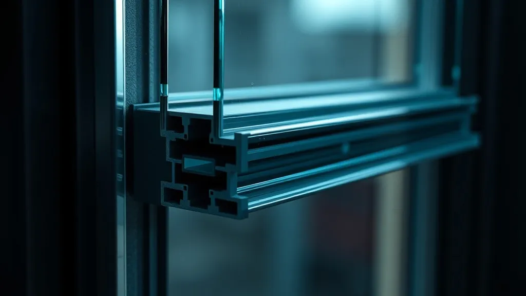Technical close-up of a triple glazed window profile with th